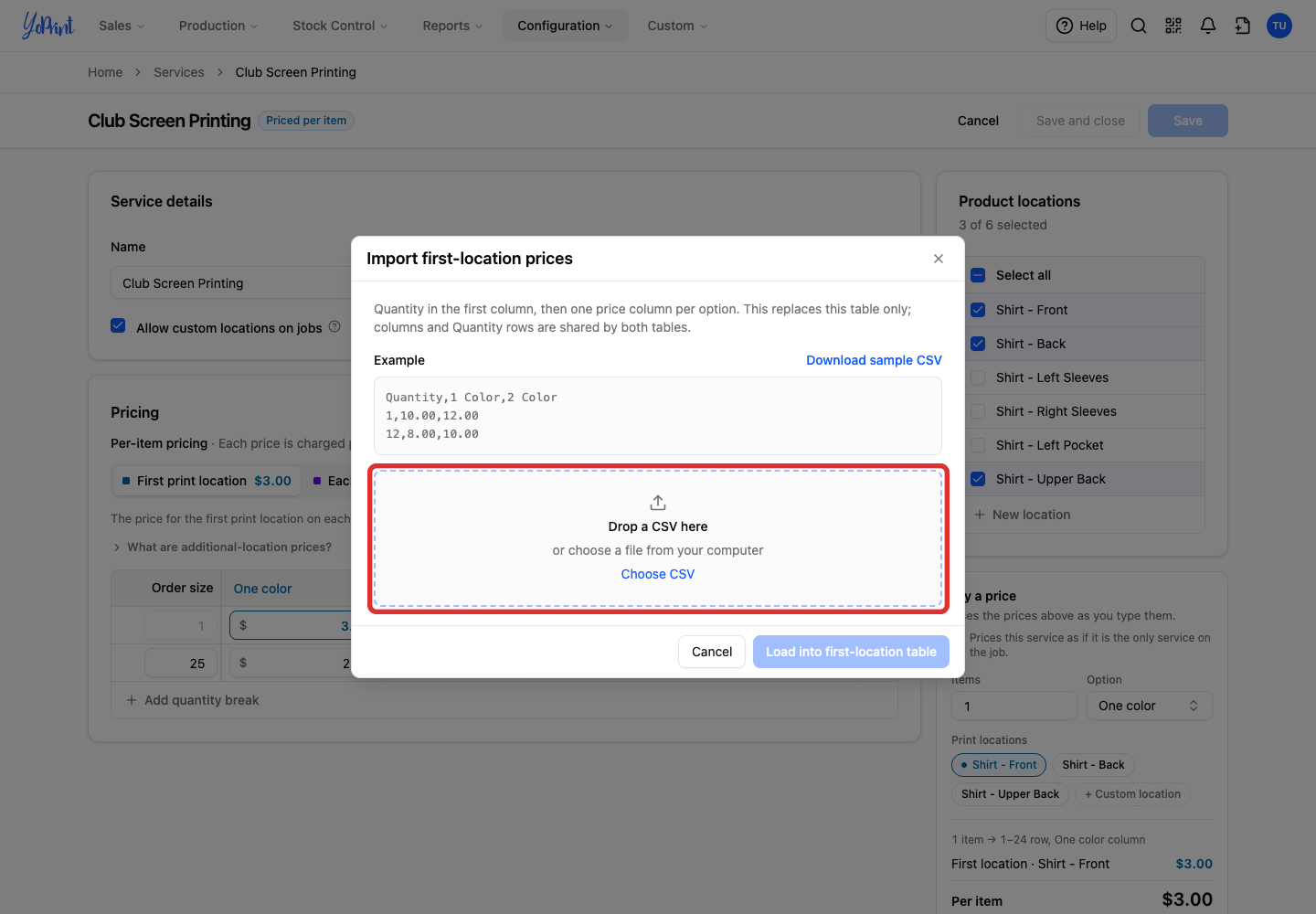 Choose CSV in the first-location import dialog