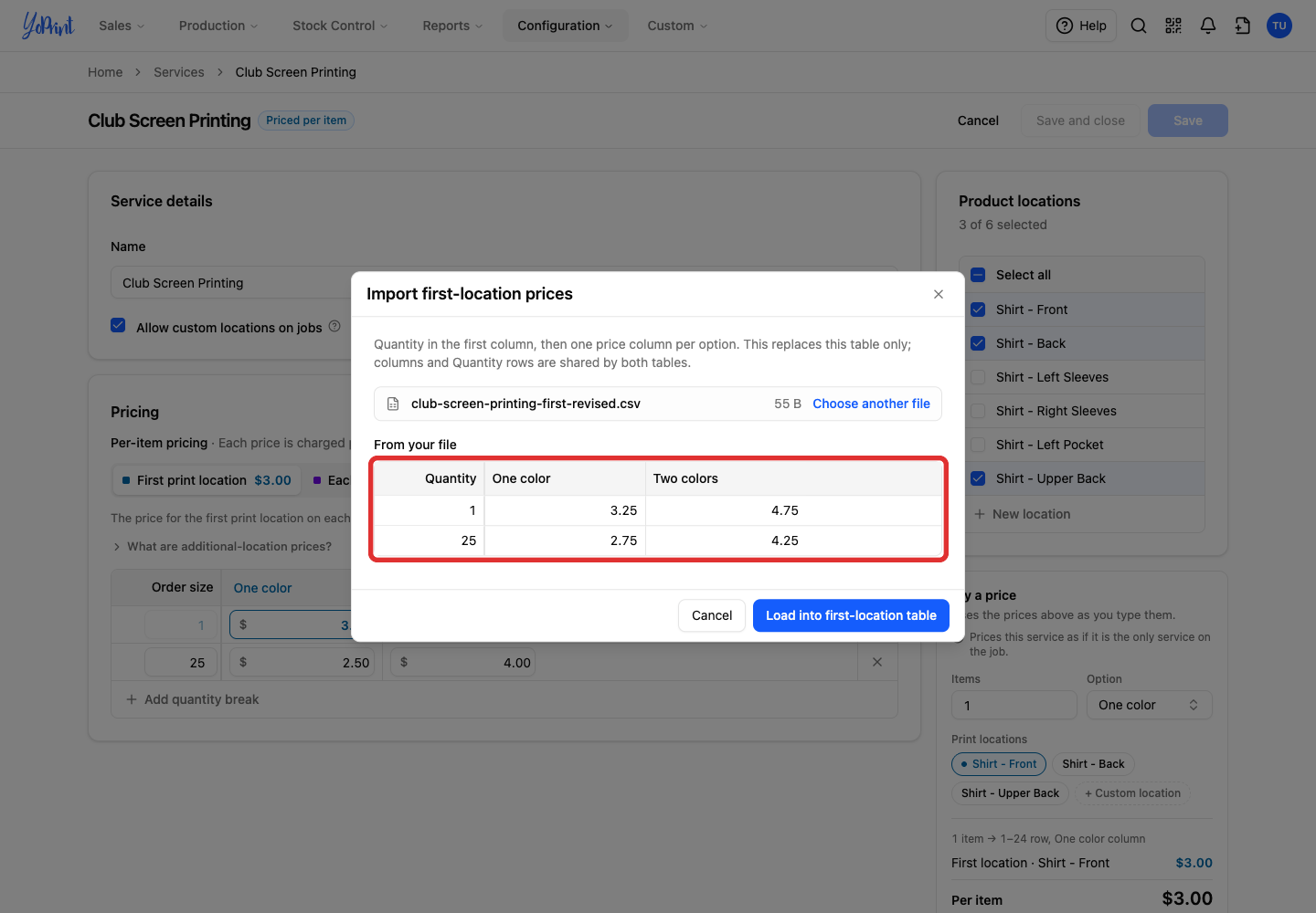 Preview of the CSV quantities and prices