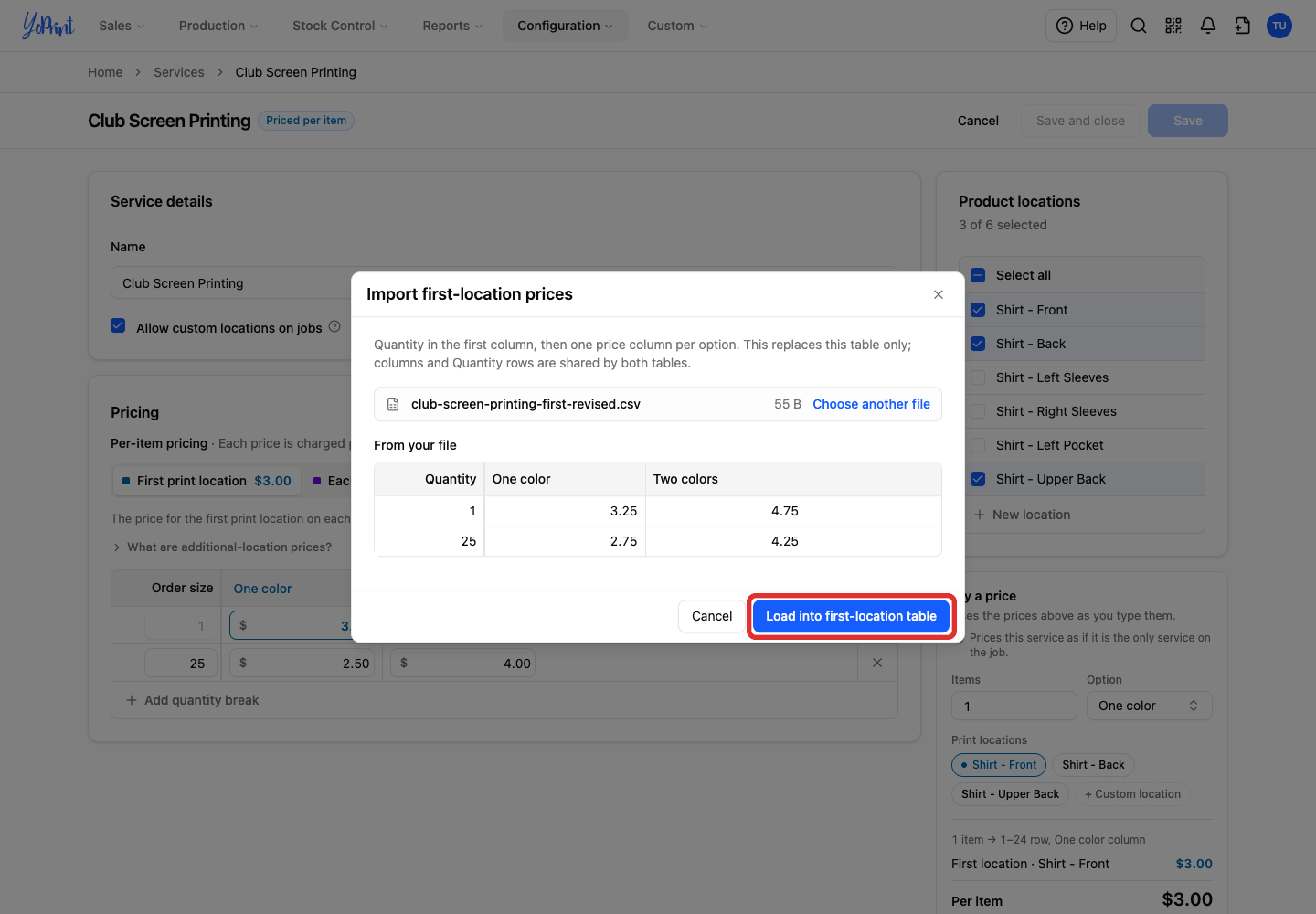 Load into first-location table button