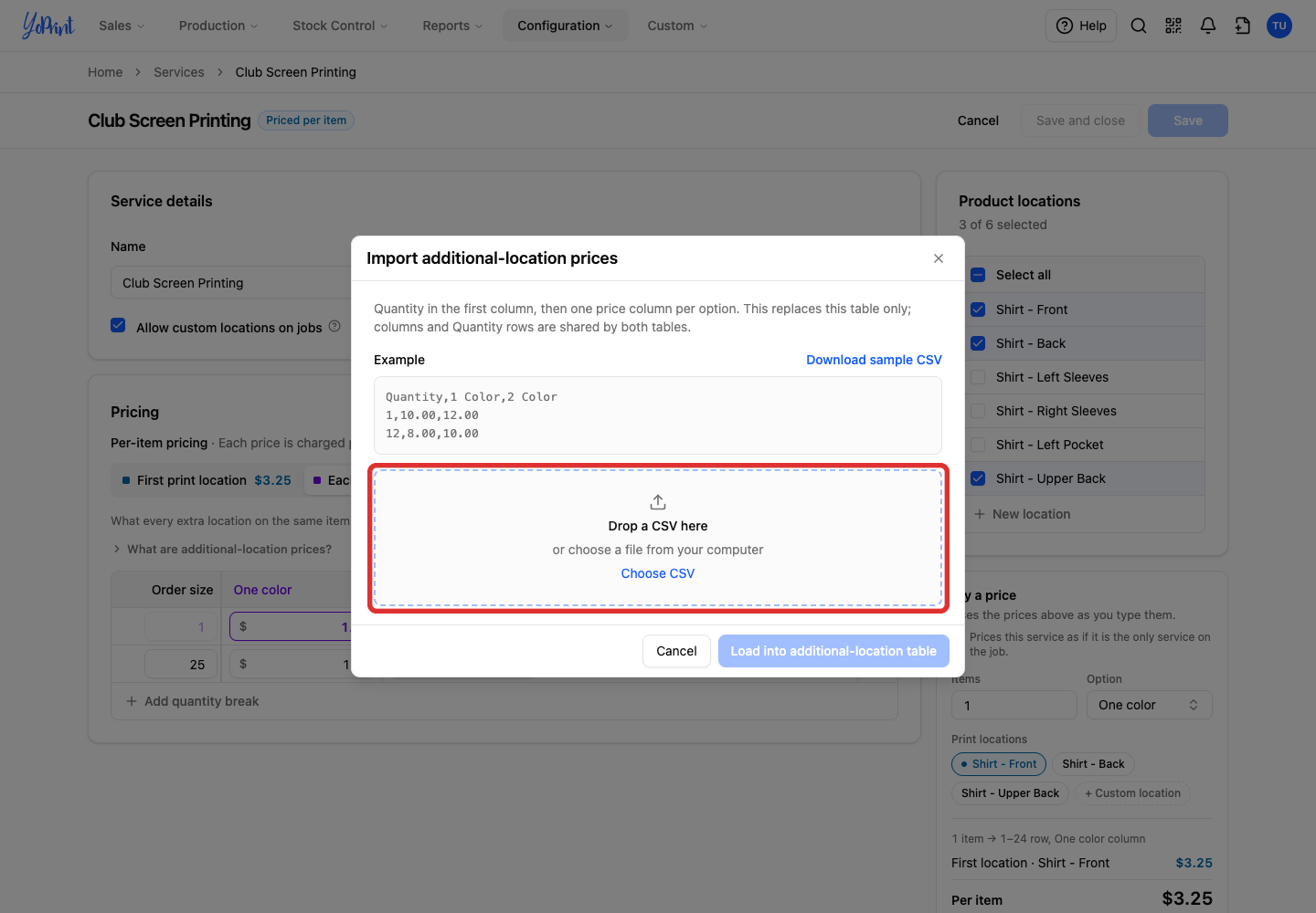 Choose CSV for additional-location prices