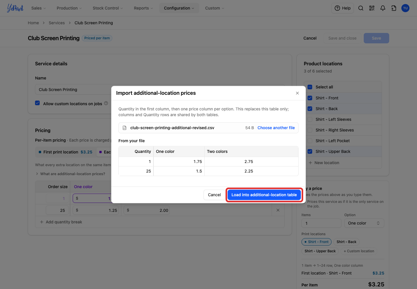 Load into additional-location table button
