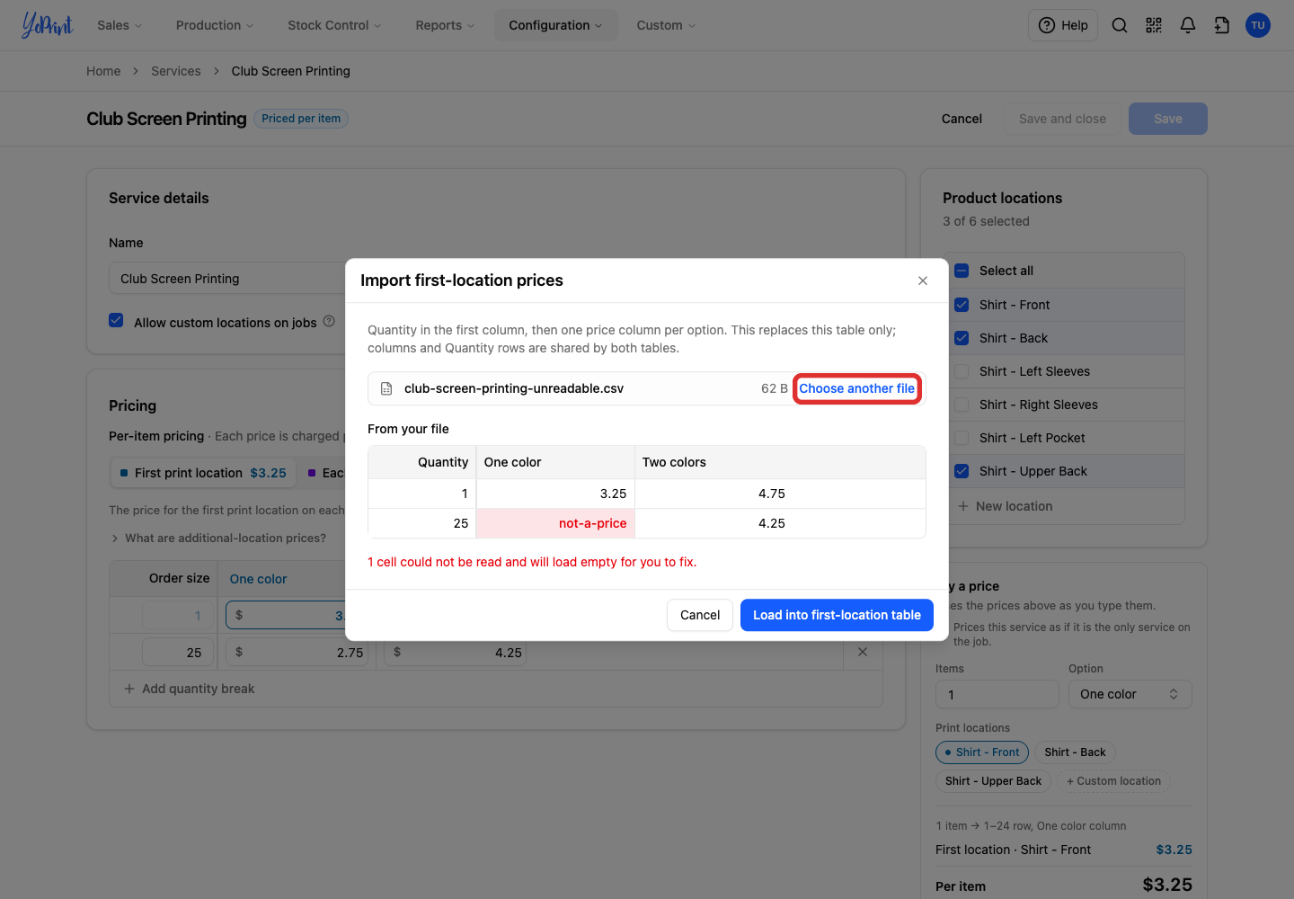 Choose another file after an unreadable price warning