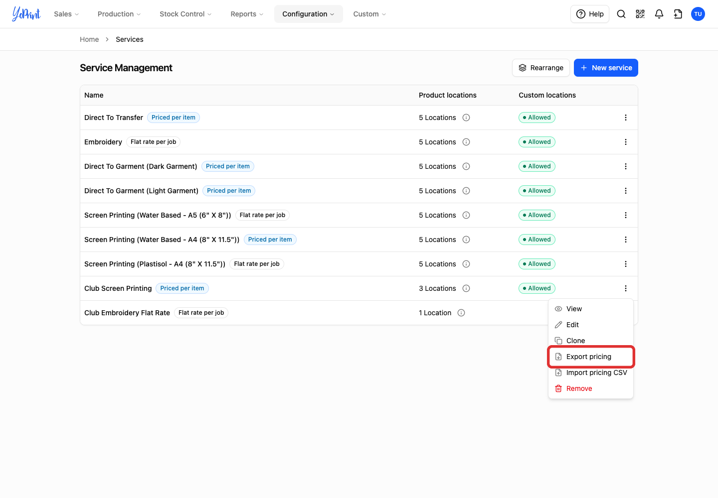 Export pricing in the service menu