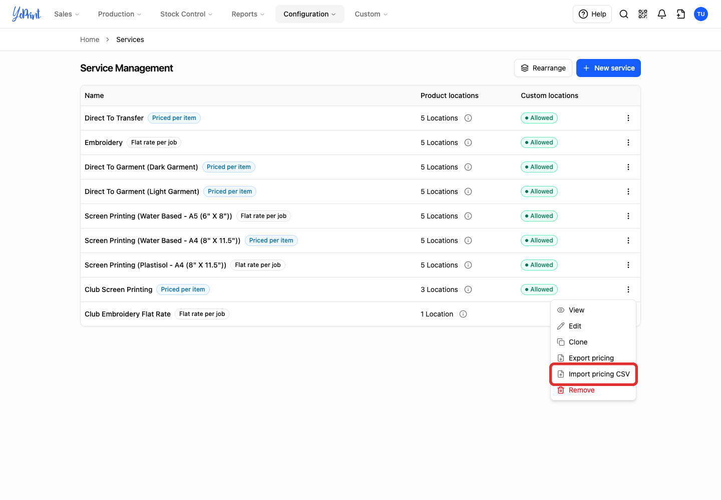 Import pricing CSV in the service menu
