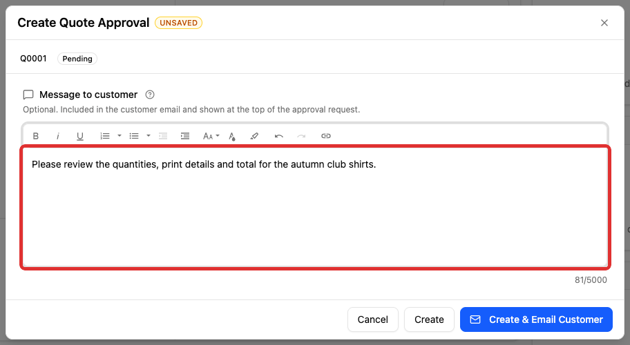 A message asking the customer to review the quote