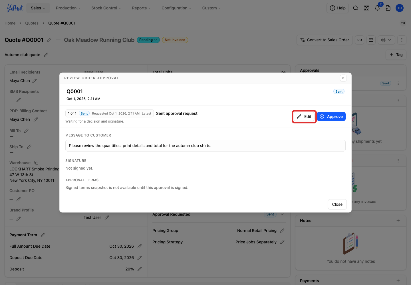 Edit the pending quote request