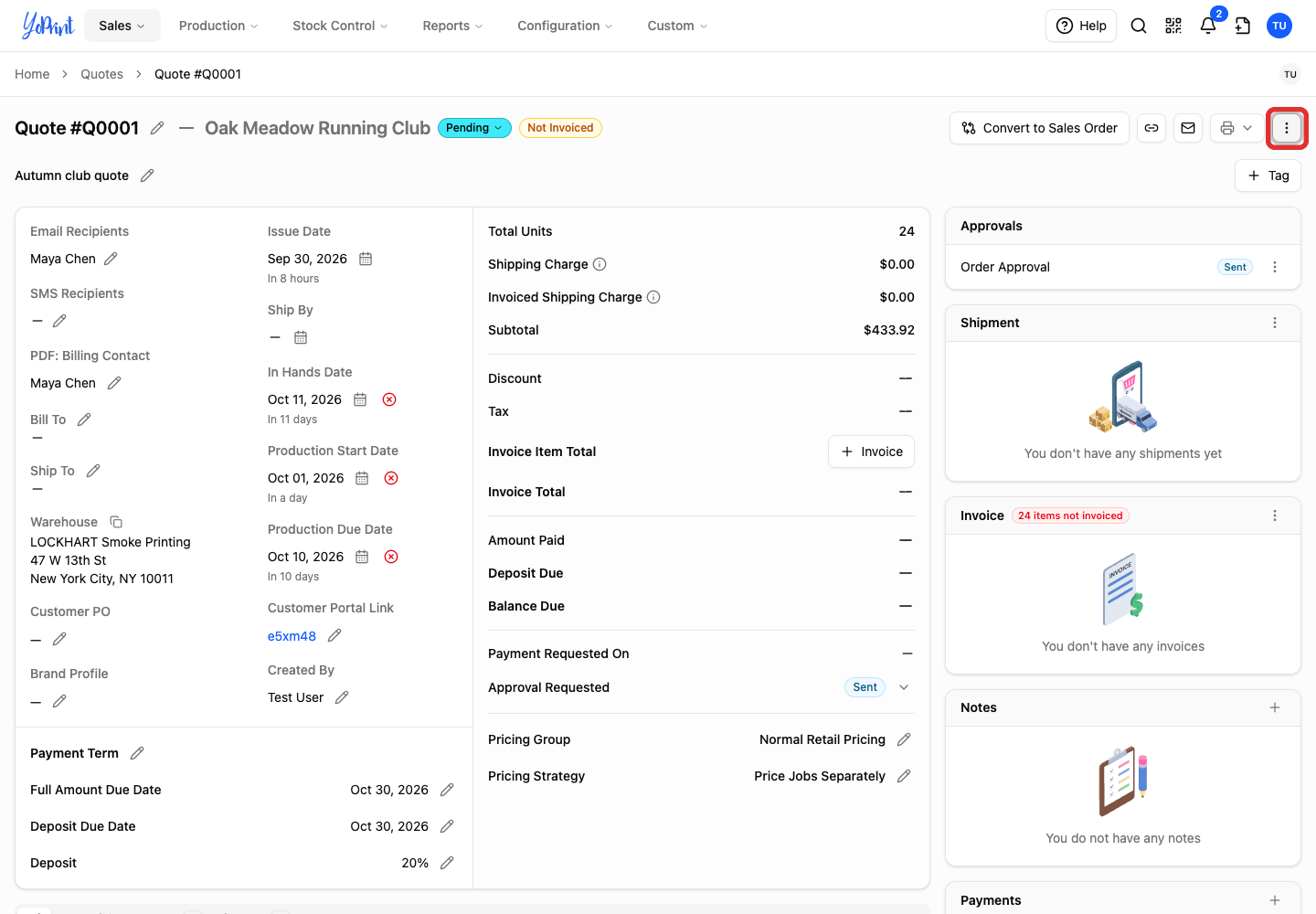 Open the quote’s Quick Actions menu