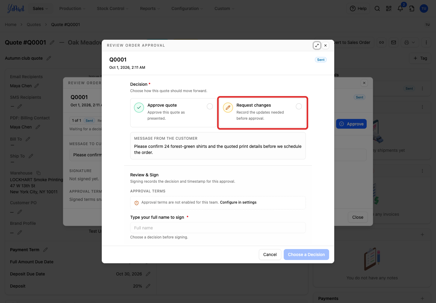Choose to record requested changes