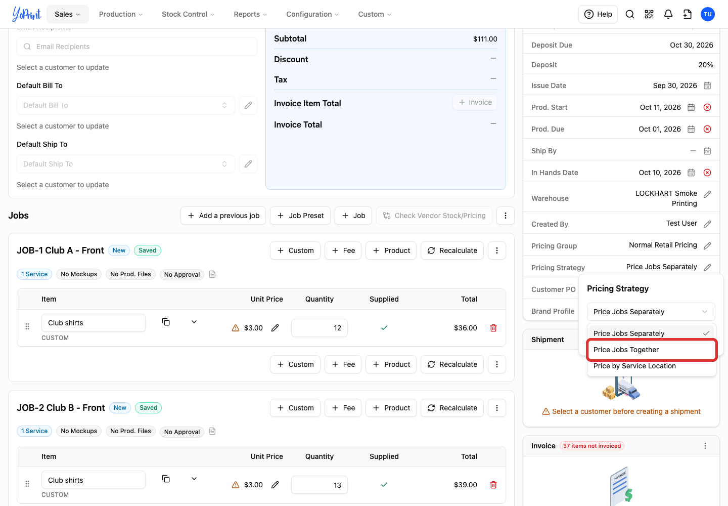 Three strategy choices with Price Jobs Together marked