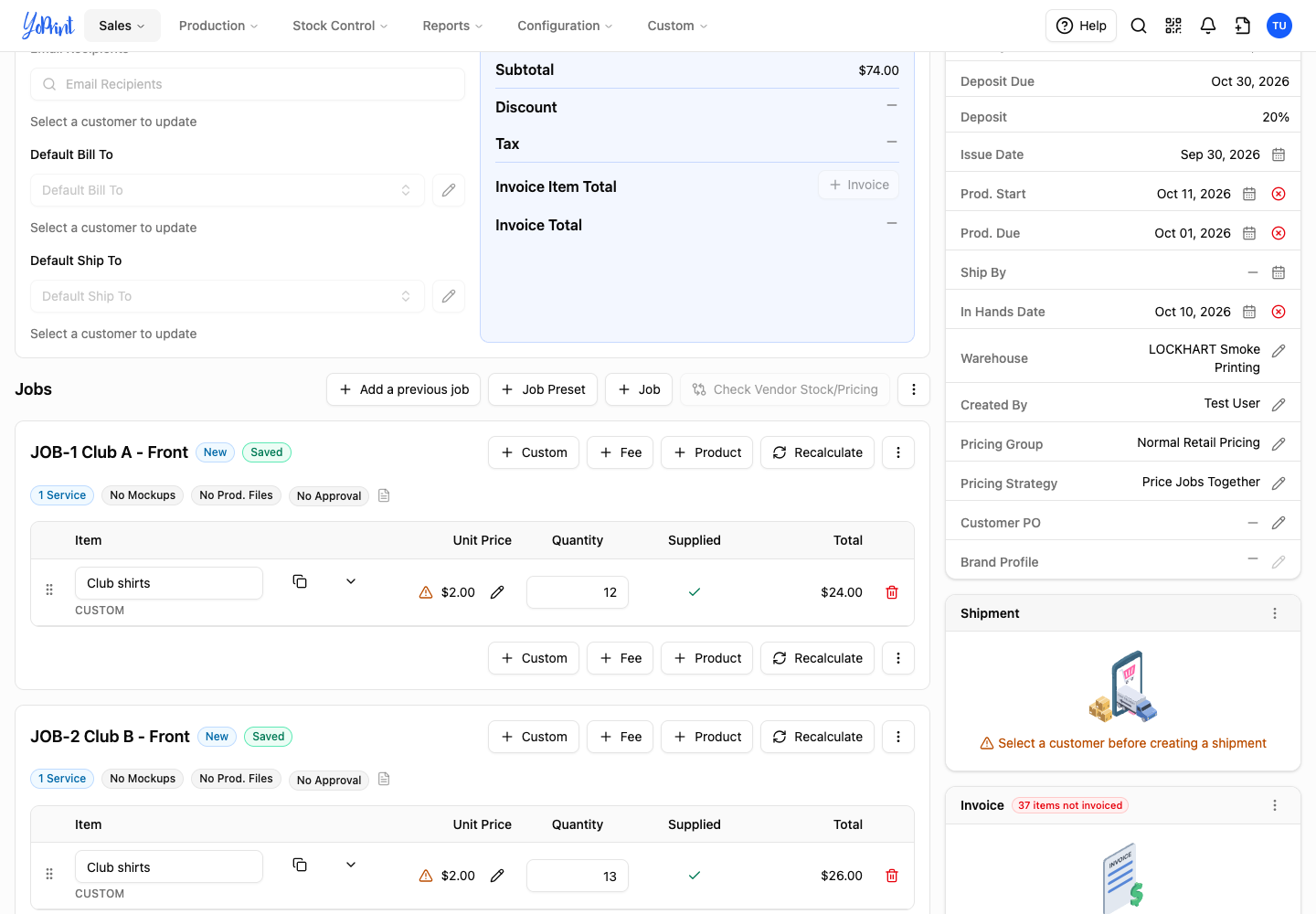 Saved Price Jobs Together with updated prices and 74 dollar subtotal
