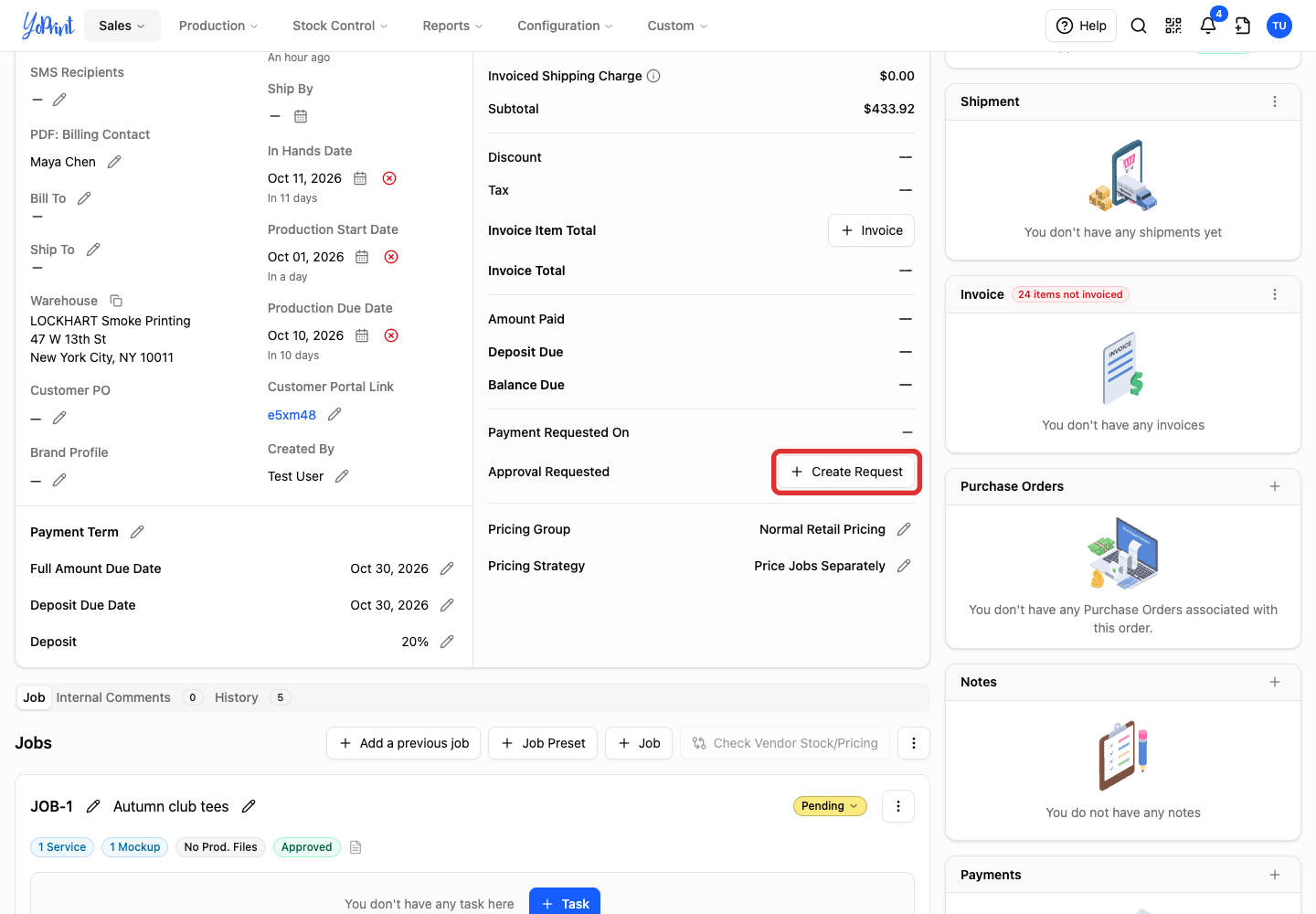 Create an approval request from the sales order