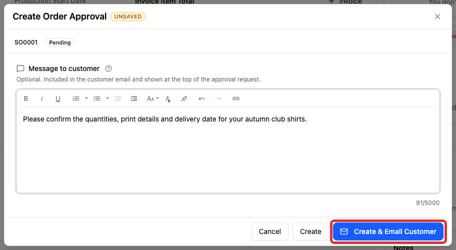 Create and email the sales order approval request