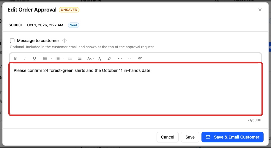 A revised message with the quantity and in-hands date