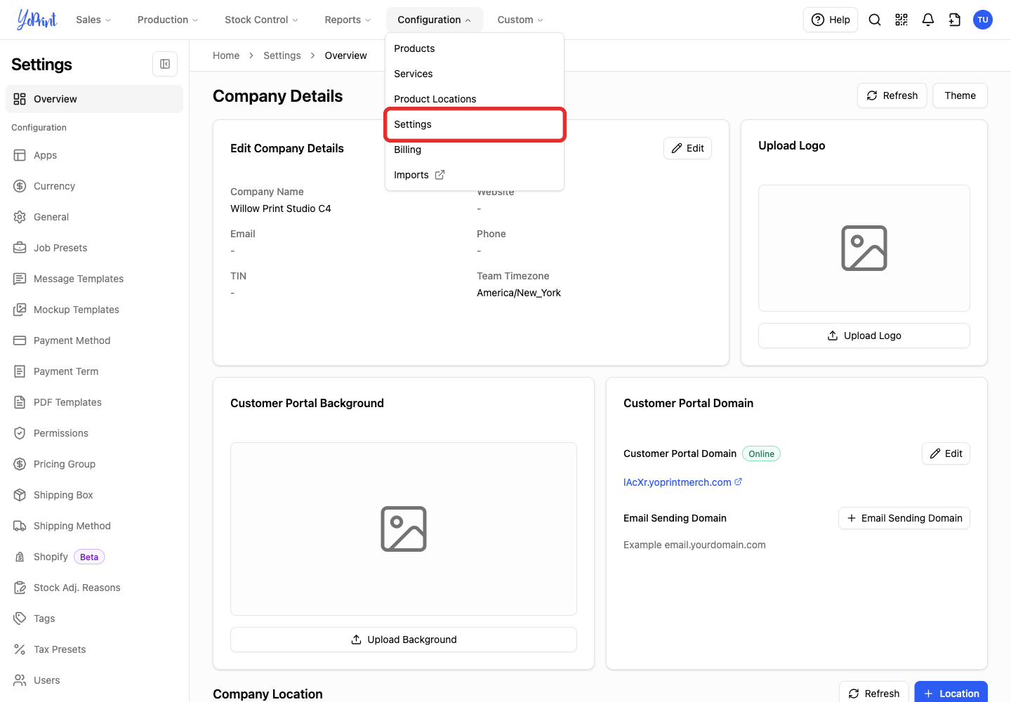 Settings in the Configuration menu