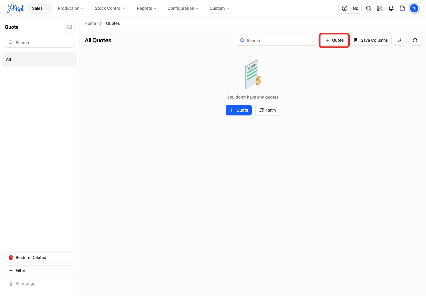 Click Quote. YoPrint assigns a quote number and opens the draft.