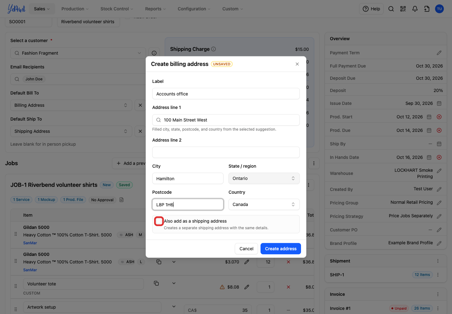 To use the same address for delivery, tick Also add as a shipping address.