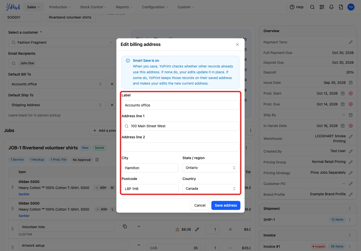 Change the address details. The Smart Save notice explains how the change affects existing orders.