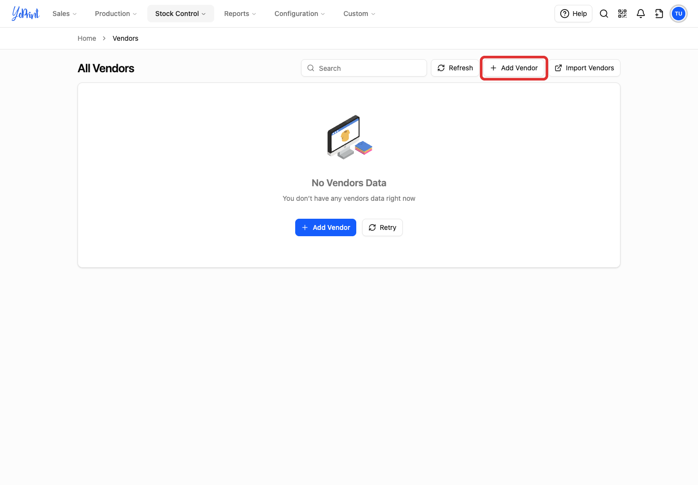 Add Vendor on the Vendors page