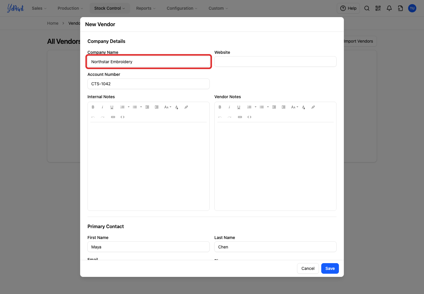 Company Name in the New Vendor form