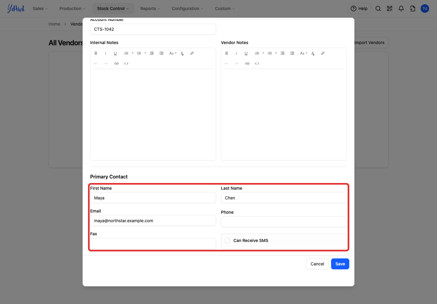 Primary Contact fields