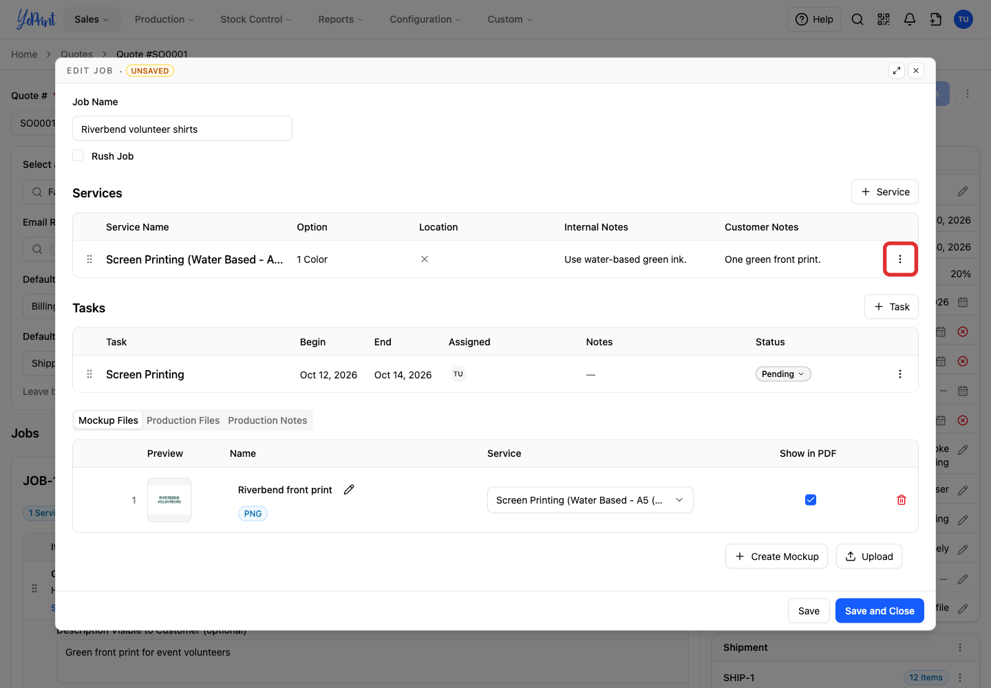 Open the service's actions menu.