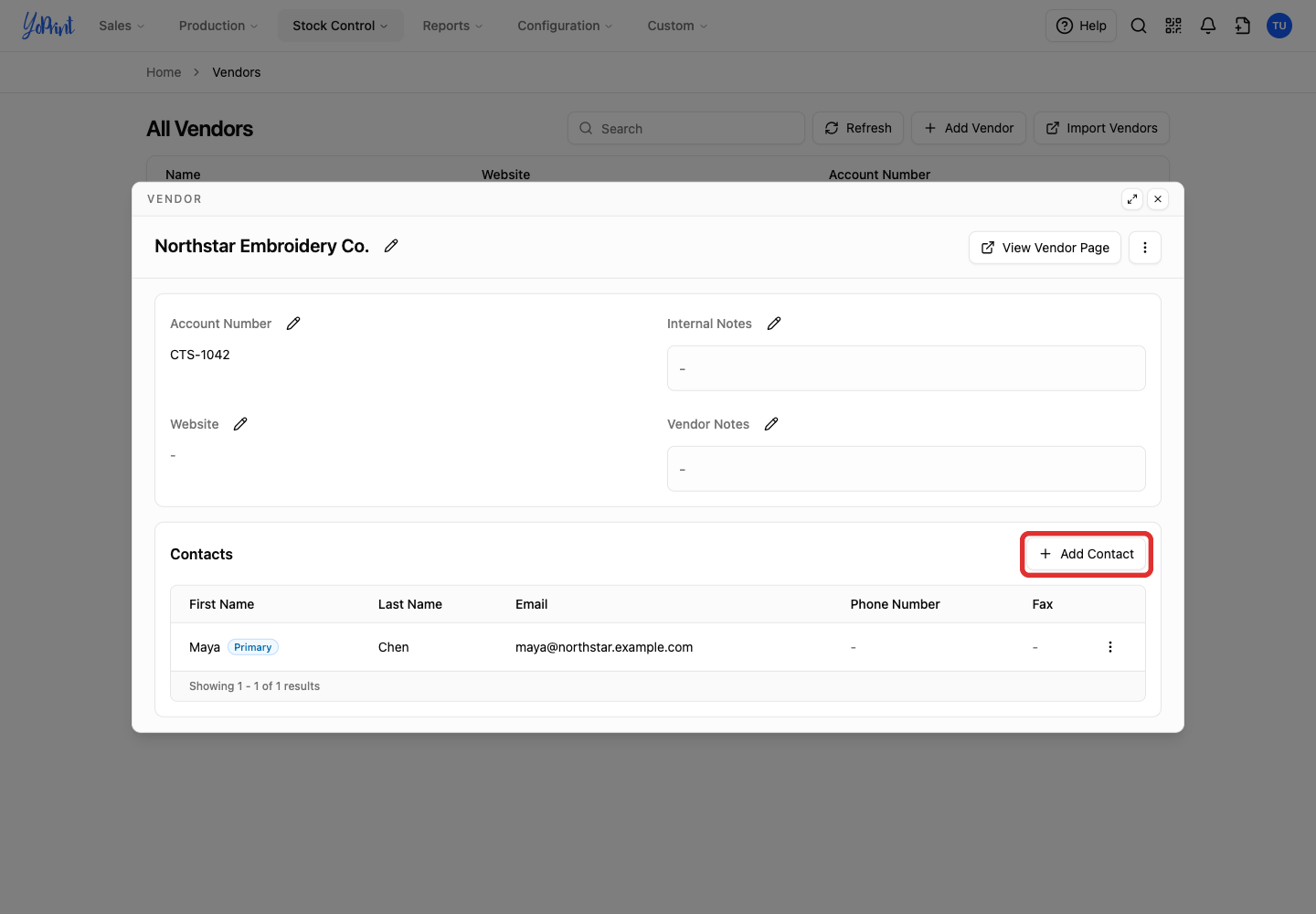 Add Contact in vendor details