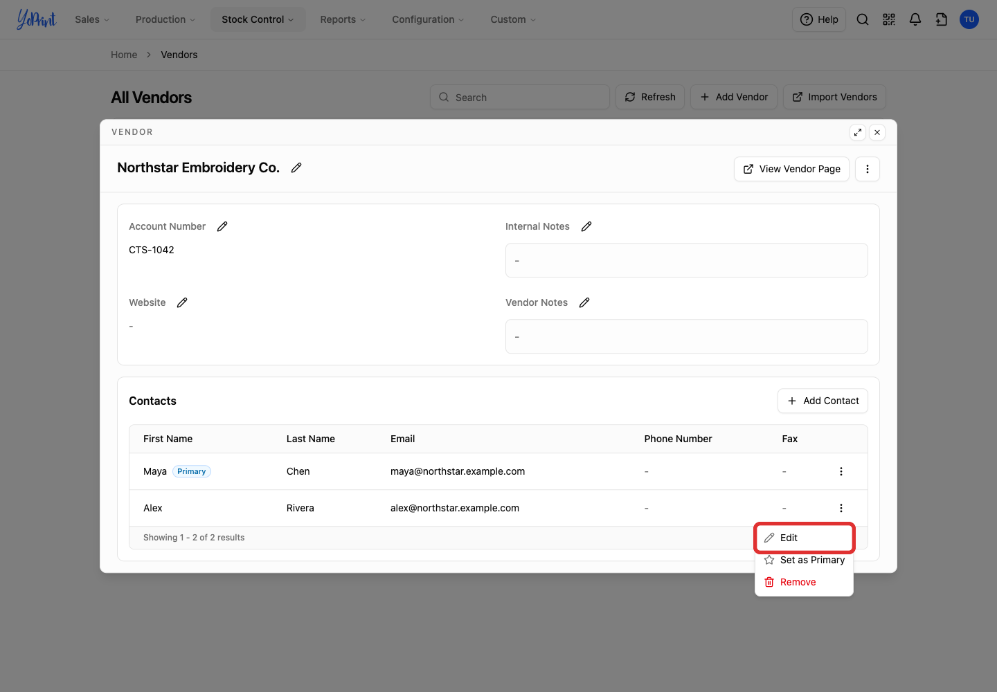 Edit in the contact menu