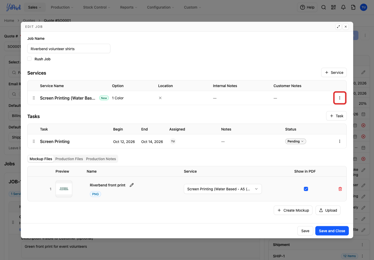 Open the service's actions menu.