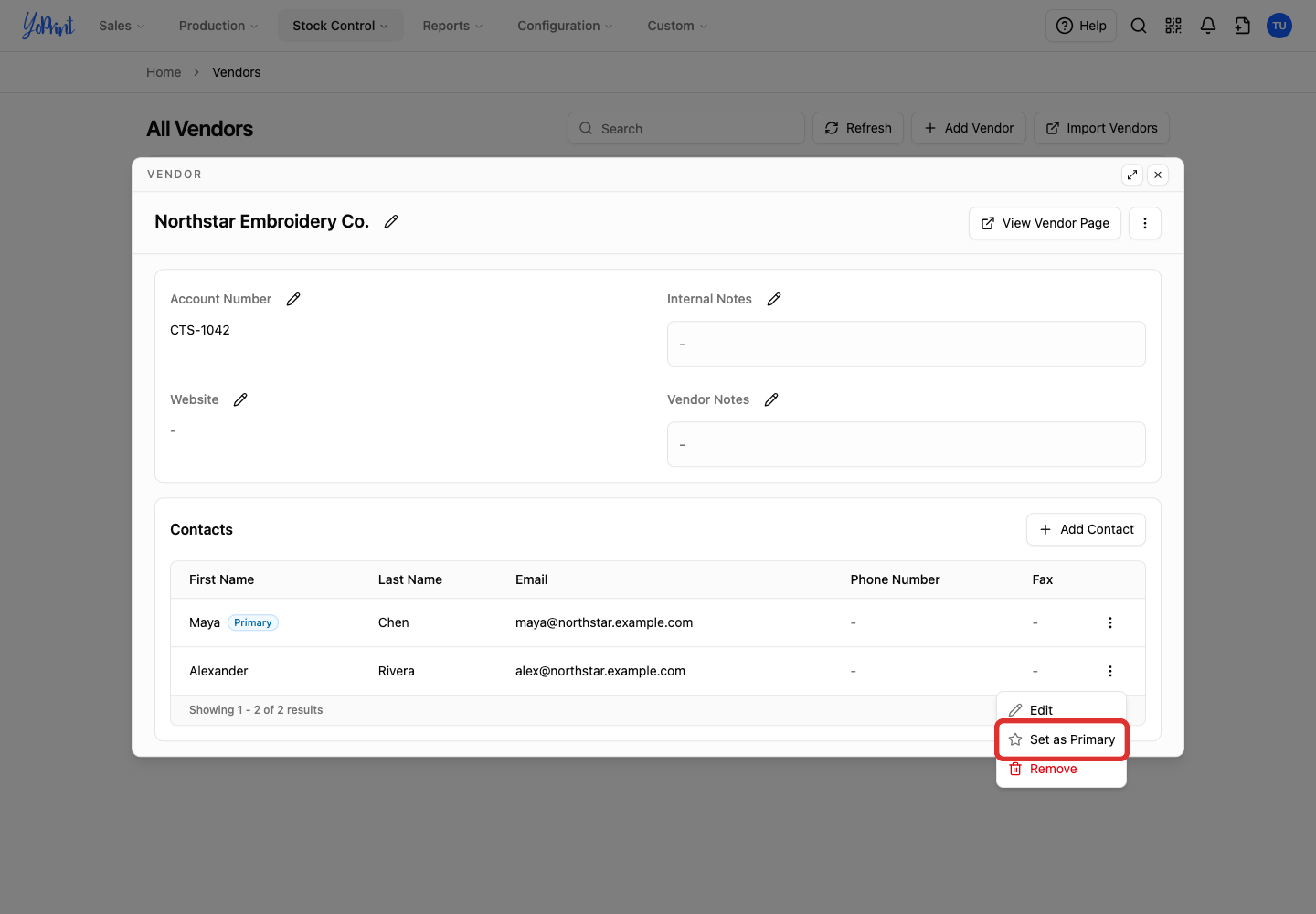 Set as Primary in the contact menu