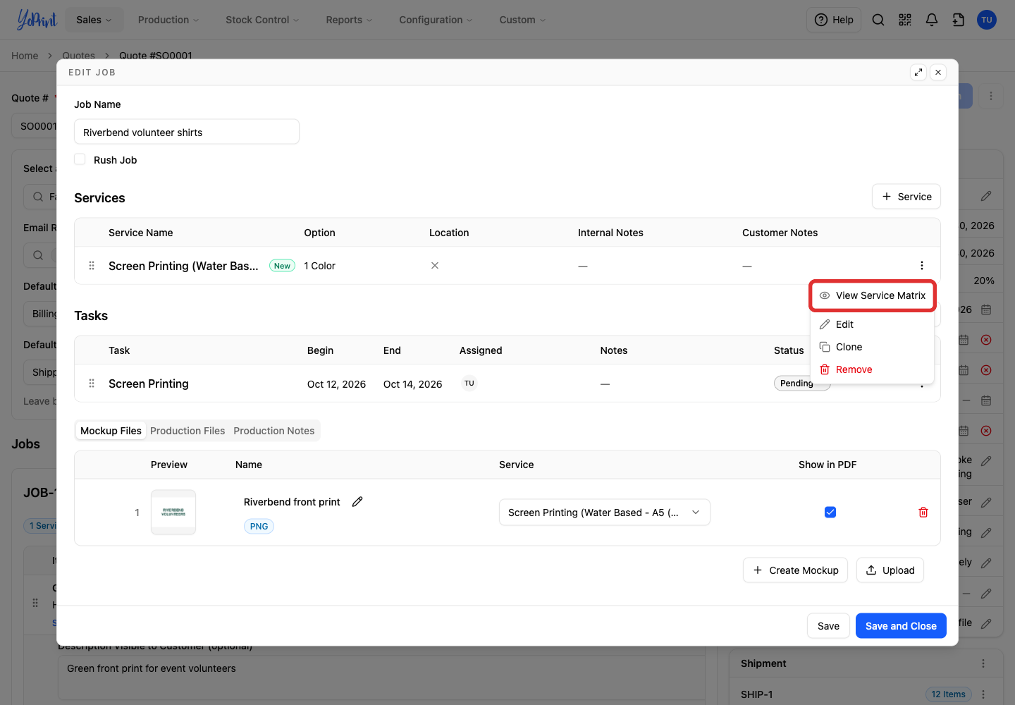 Choose View Service Matrix to see the price for the options and quantity.