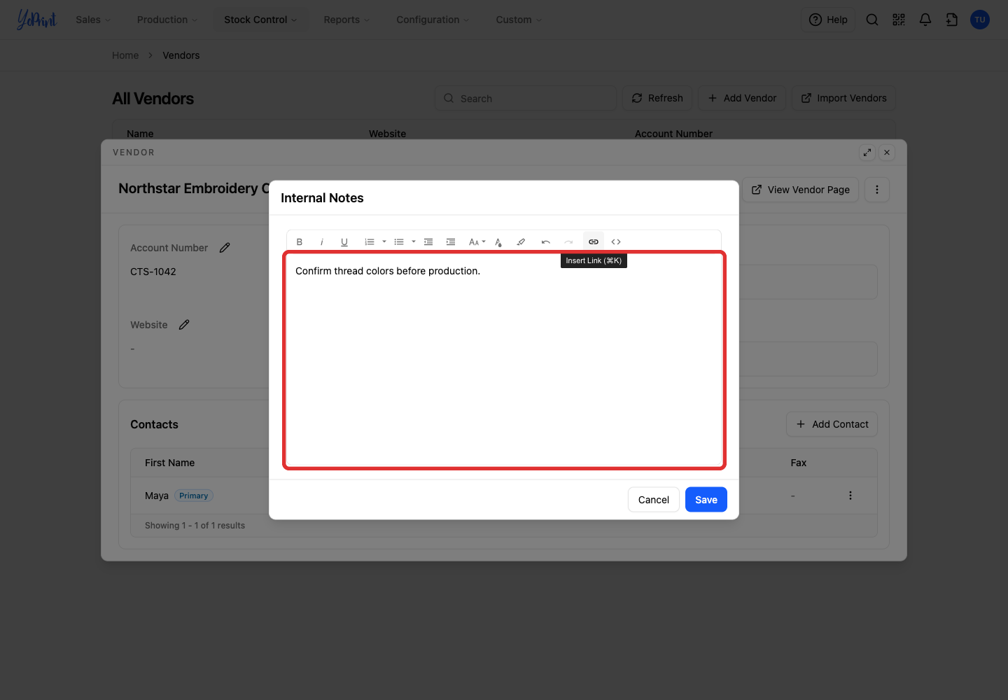Internal Notes editor