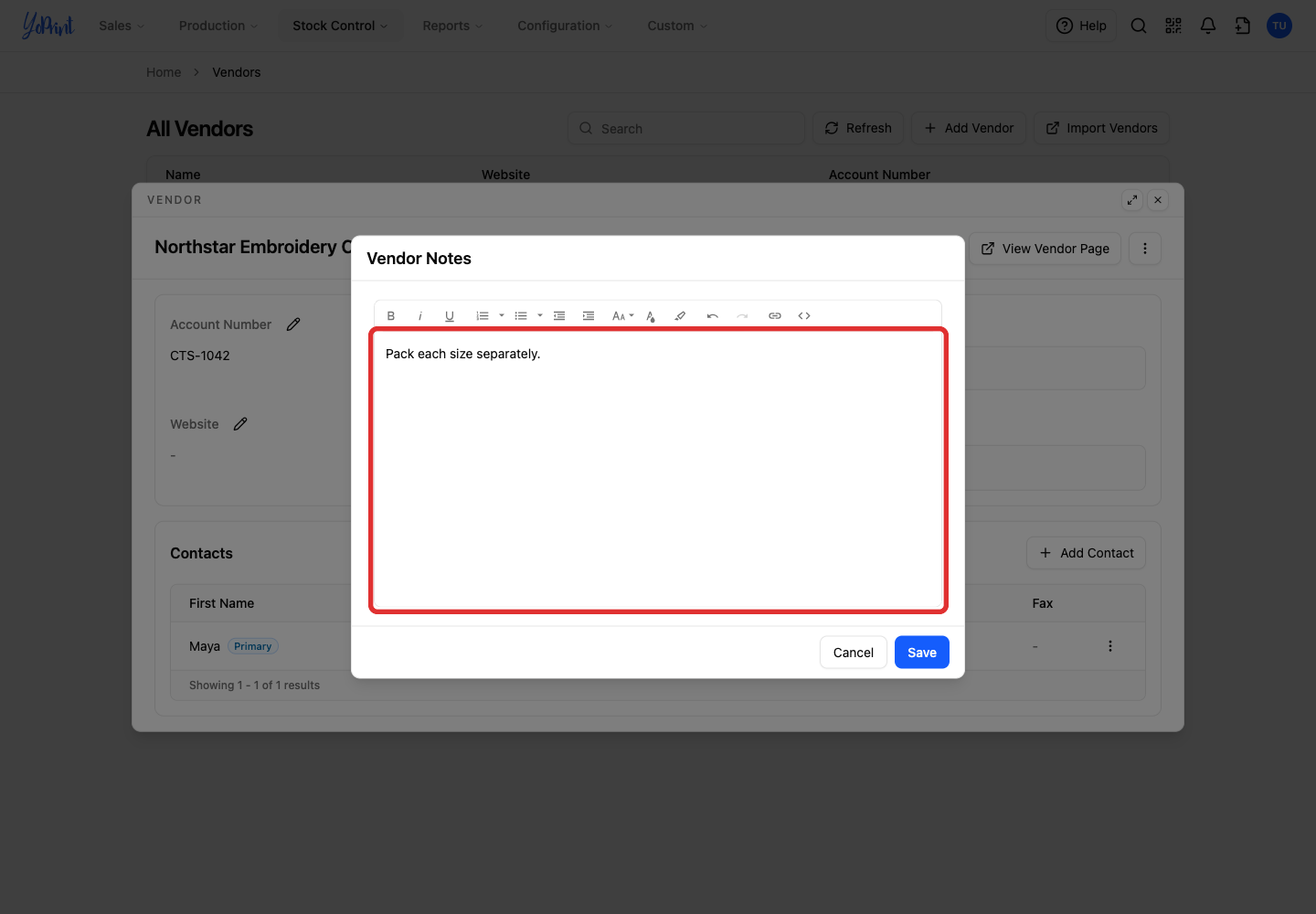 Vendor Notes editor