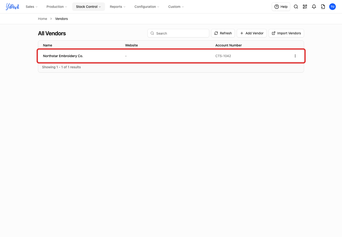Open an existing vendor from its row