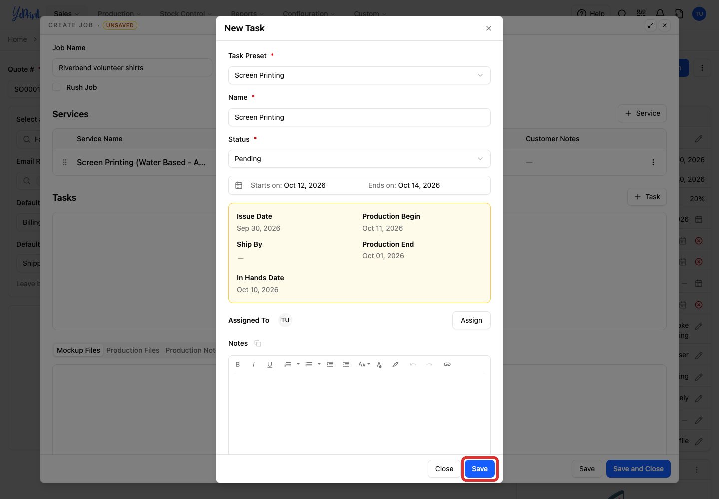 Click Save. Optional Notes stay with the task.
