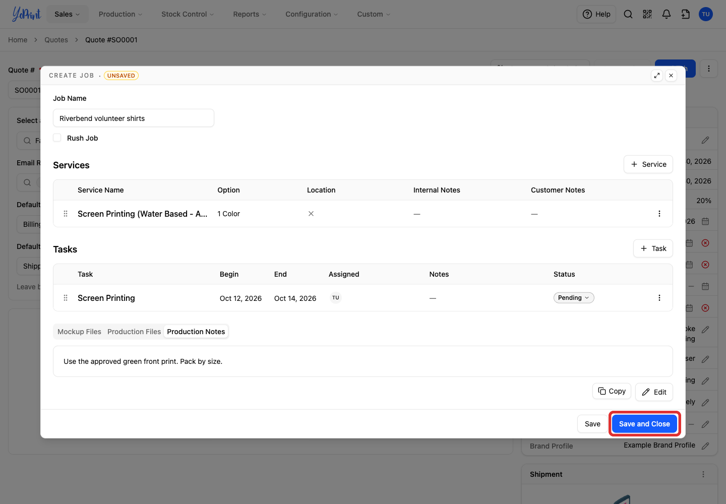 Click Save and Close to save the job, including its files and notes.