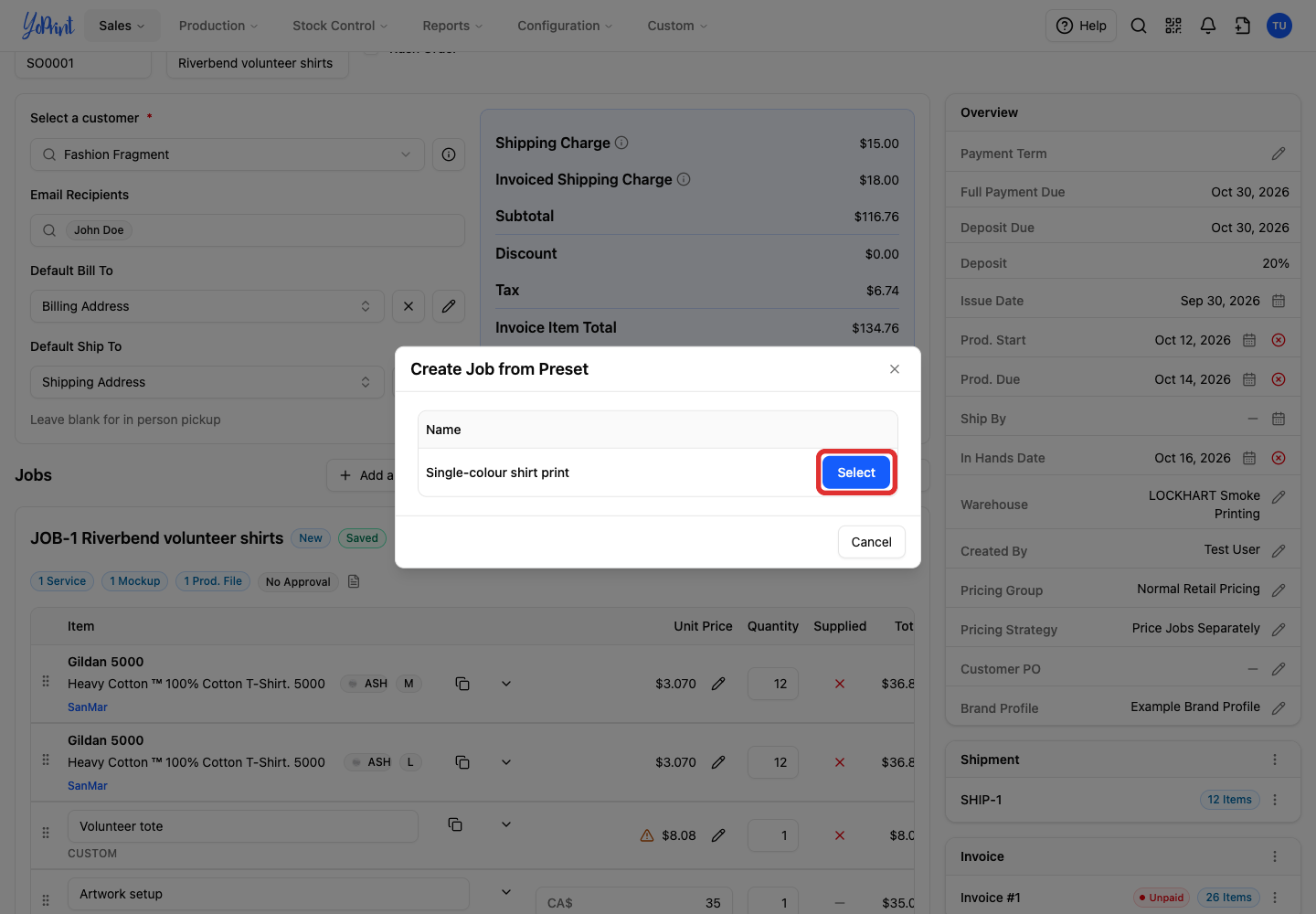 Click Select beside the preset. YoPrint creates the job immediately.