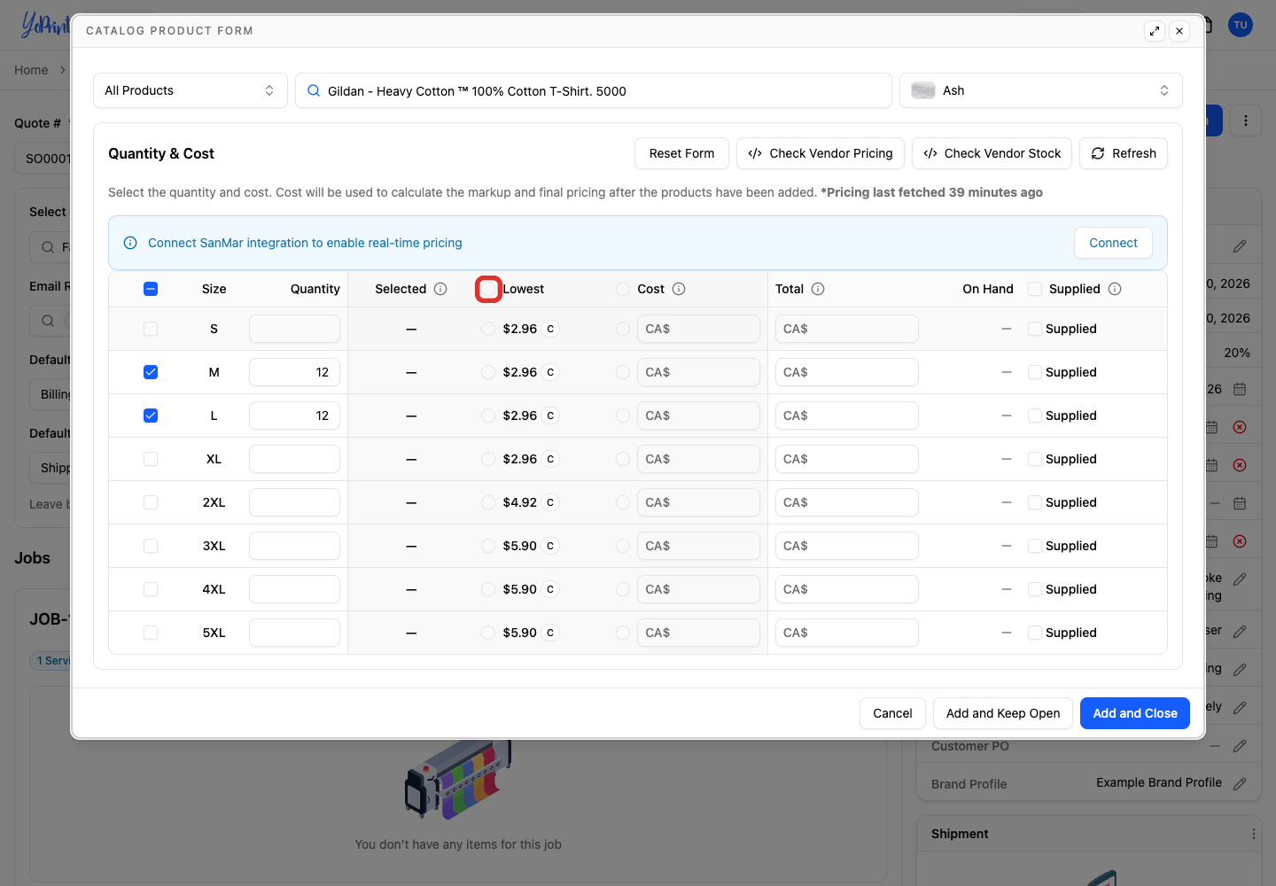 Check the cost under Selected. Choose Lowest to use the lowest catalog cost, or enter your own Cost.