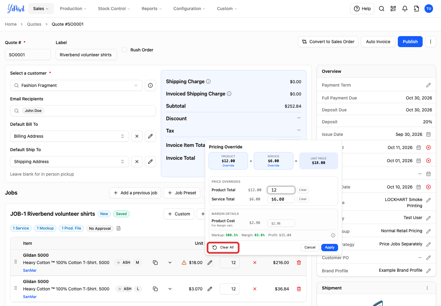 In Pricing Override, click Clear All. This also clears the manual cost.