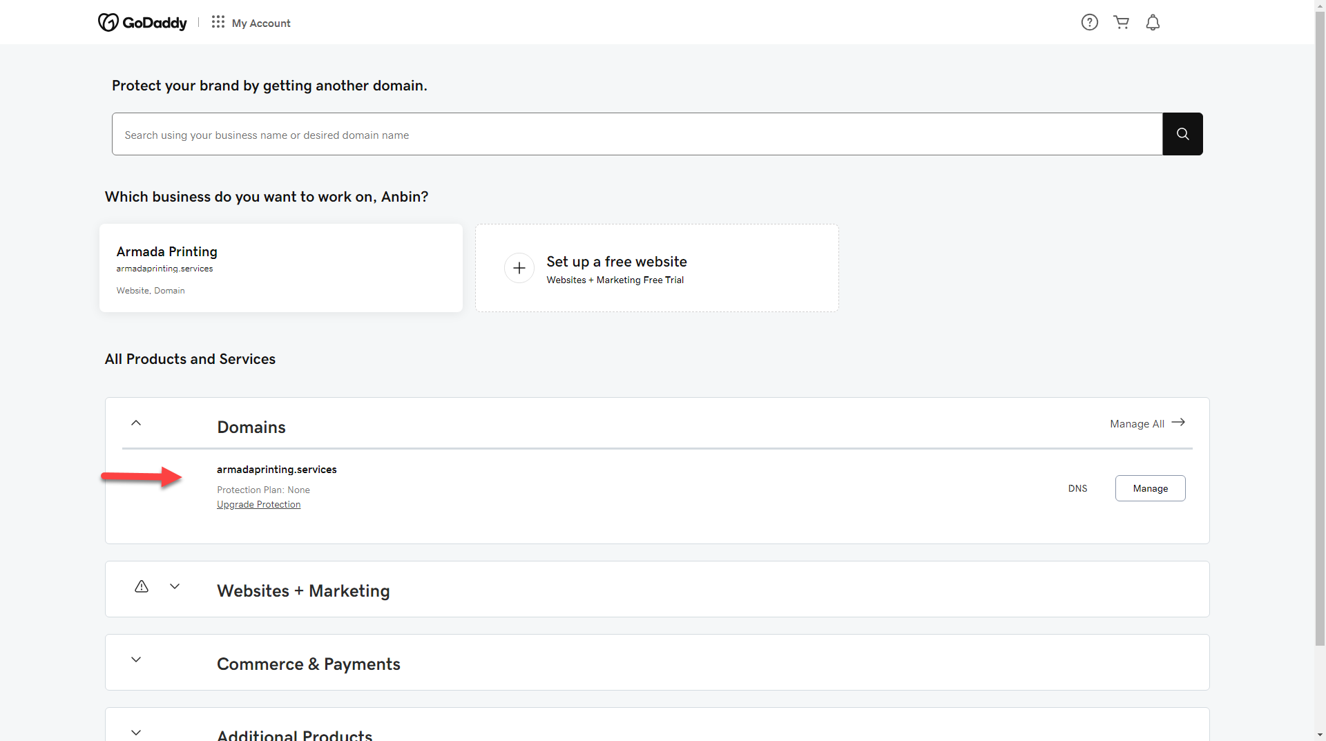 Find your domain in GoDaddy