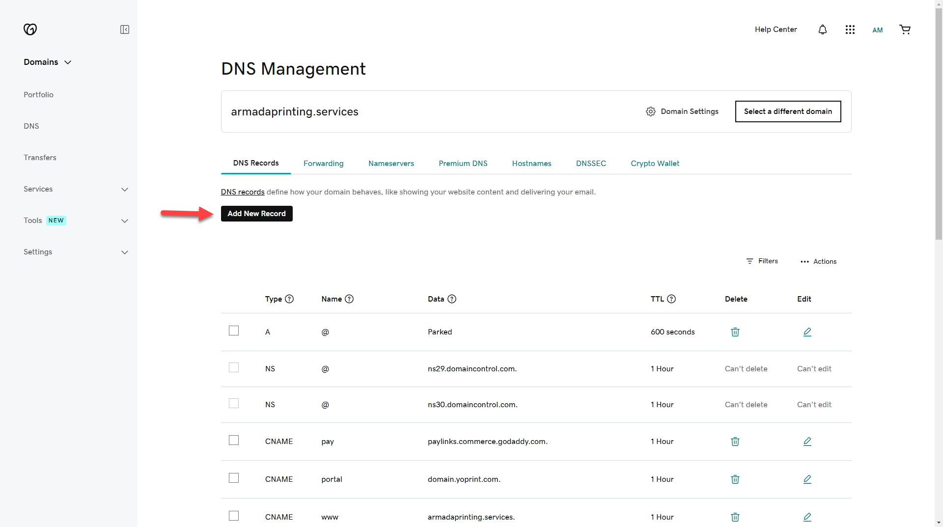 Add New Record in GoDaddy DNS Management