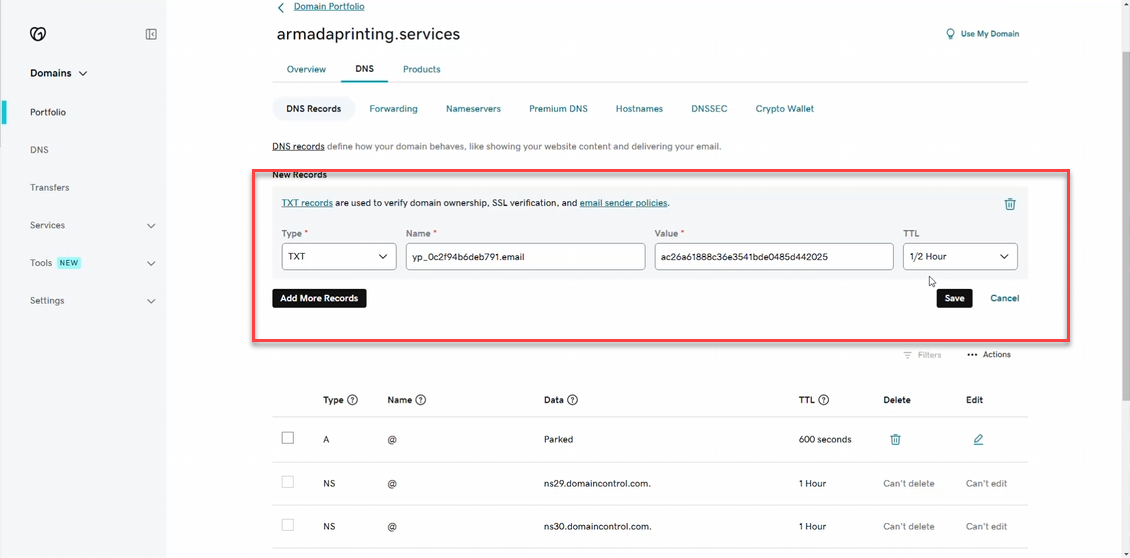 Ownership TXT record in GoDaddy