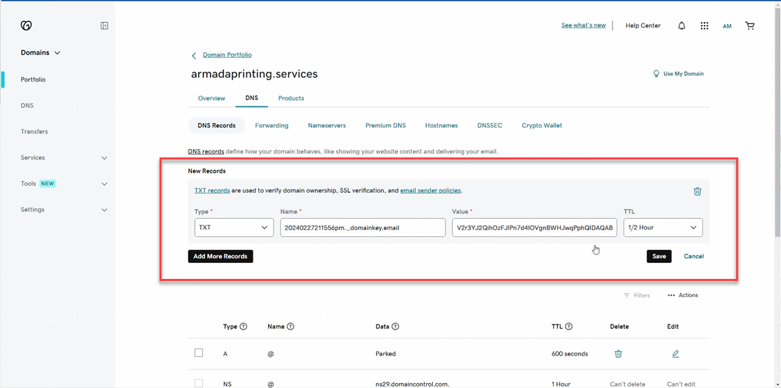 DKIM TXT record in GoDaddy