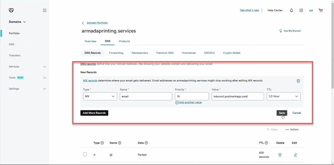 MX record with name, priority and mail-server value
