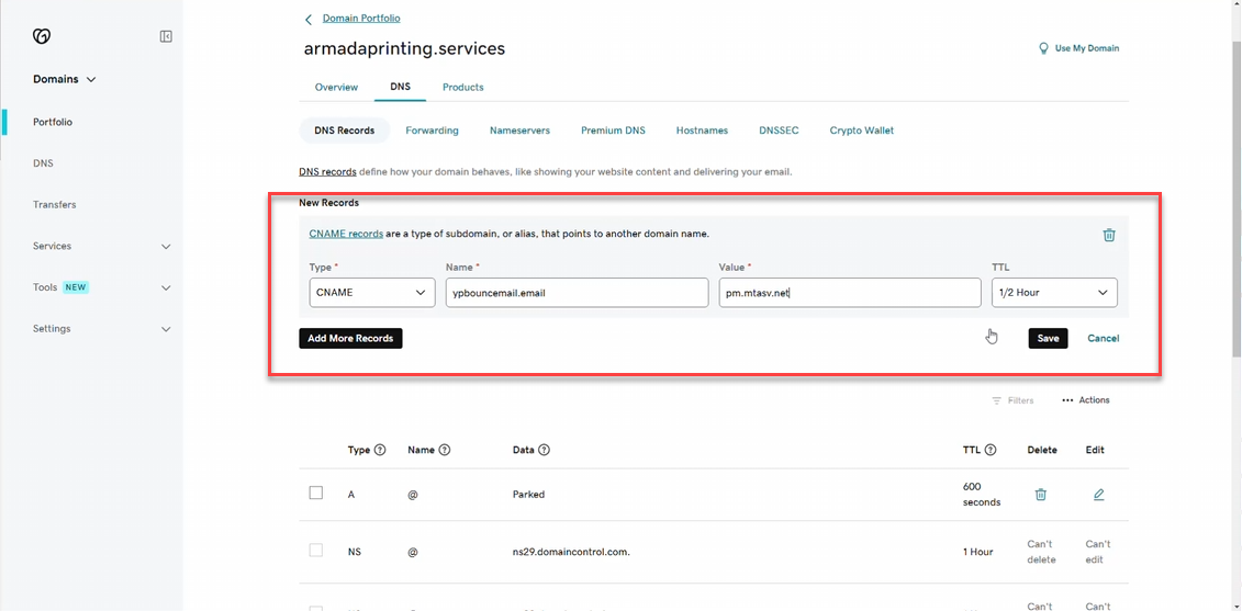 Return Path CNAME record in GoDaddy