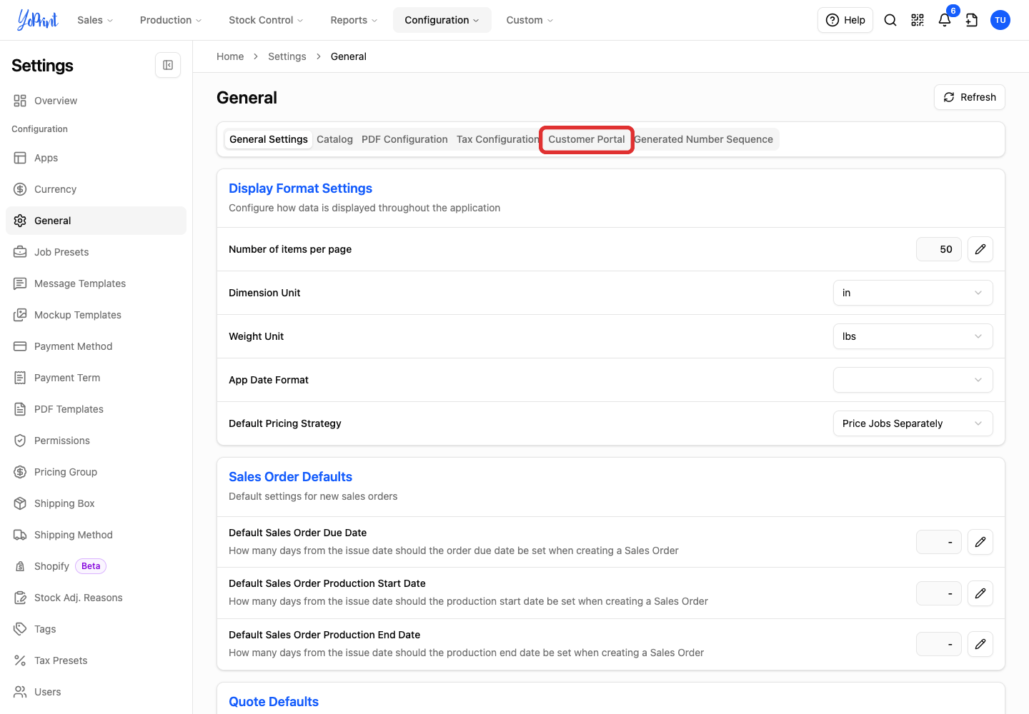 Open the Customer Portal settings tab