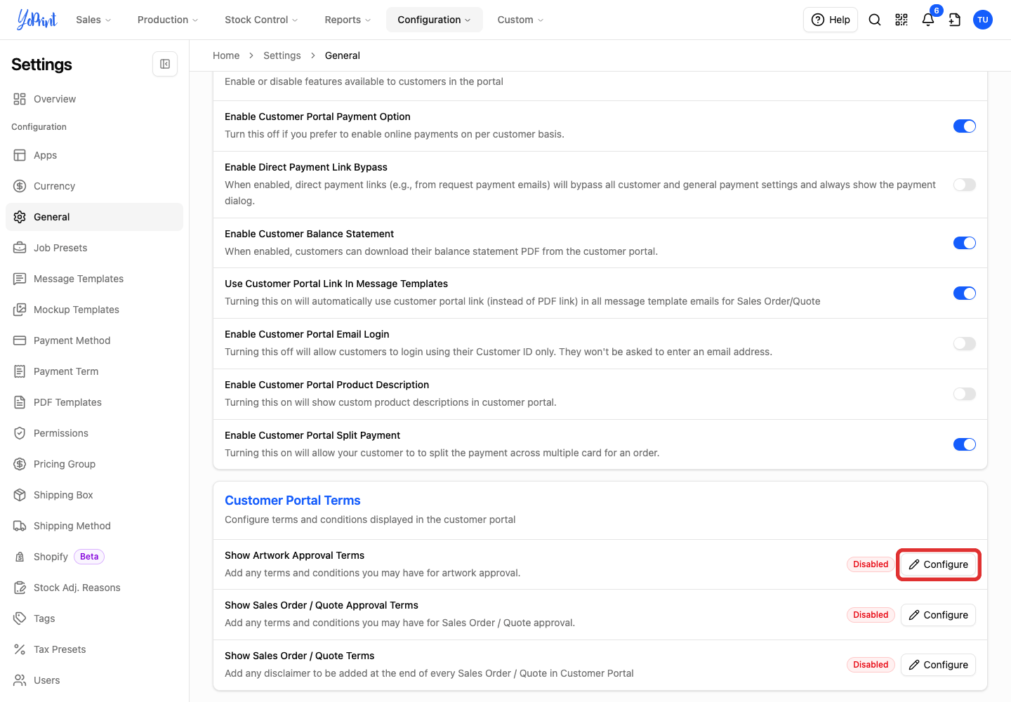 Configure the artwork approval terms