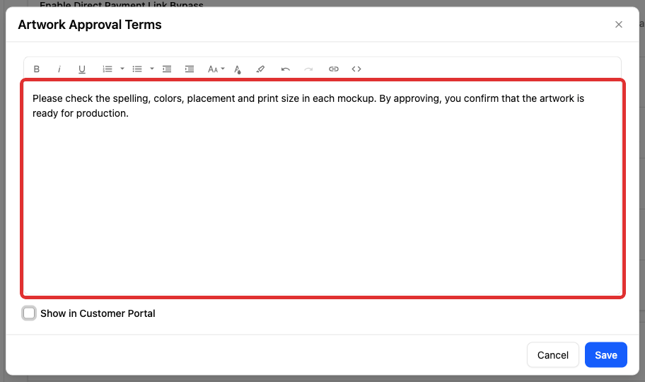 Enter the artwork approval terms