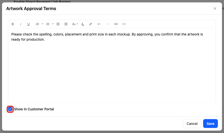 Show these terms in the customer portal