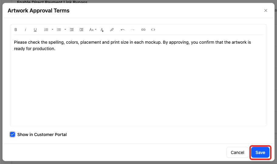 Save the artwork approval terms