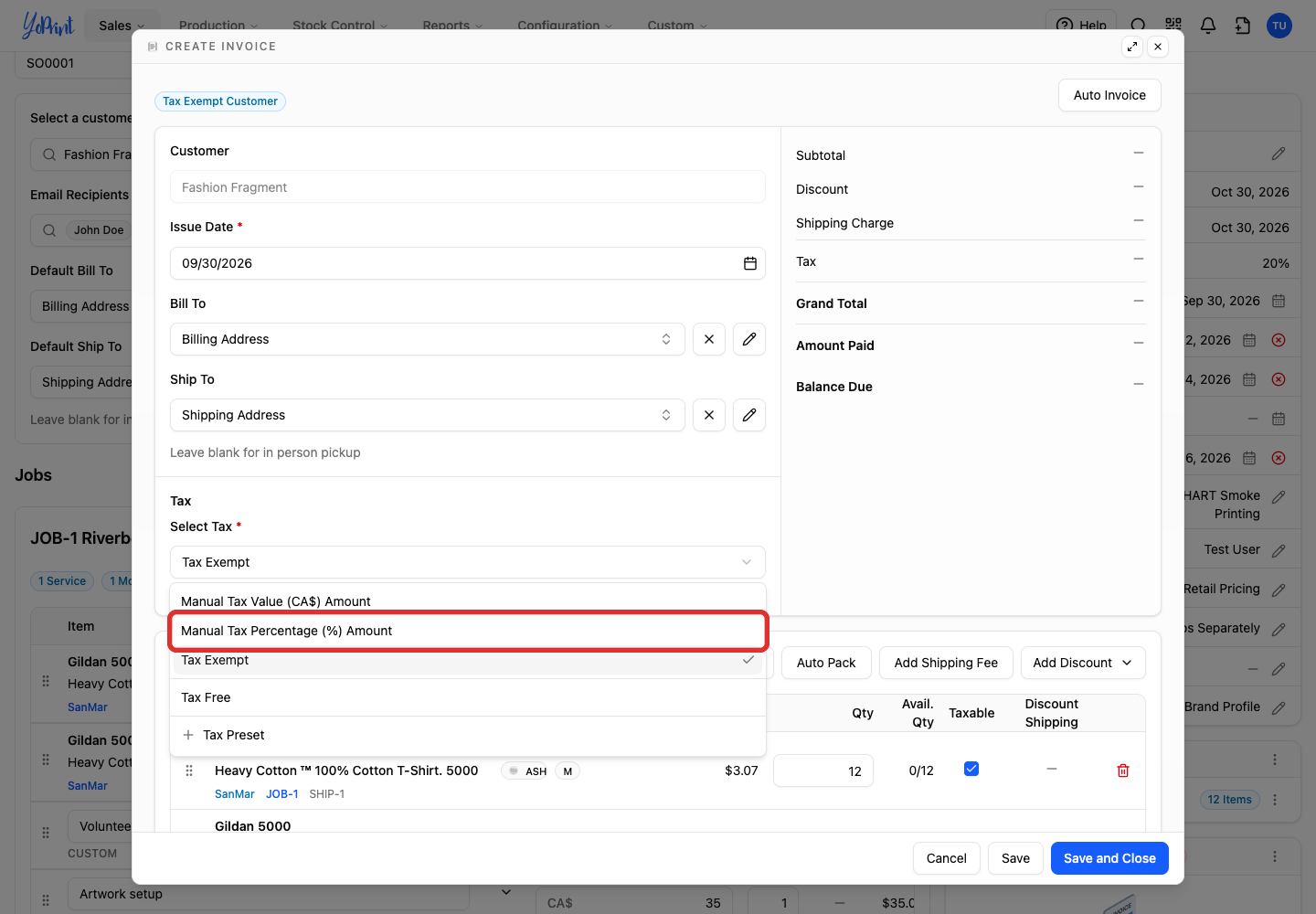 Choose the tax treatment. This example uses a manual percentage.